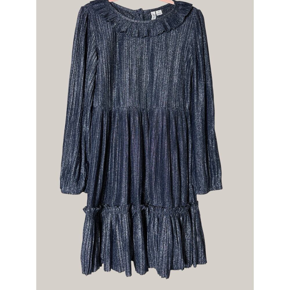 Janie And Jack Dress Girls Size 8 Long Sleeves Dark Blue Shimmer Pleated Dressy